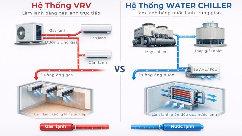 VRV dùng gas lạnh trực tiếp và hệ thống water chiller sử dụng nước lạnh trung gian để làm mát không khí